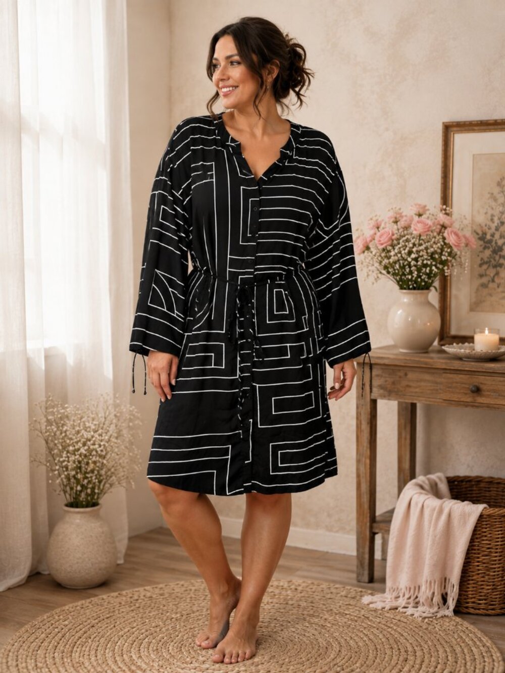 Zara Geometric Satin Robe Kimono | Black & White | Size L | NWT